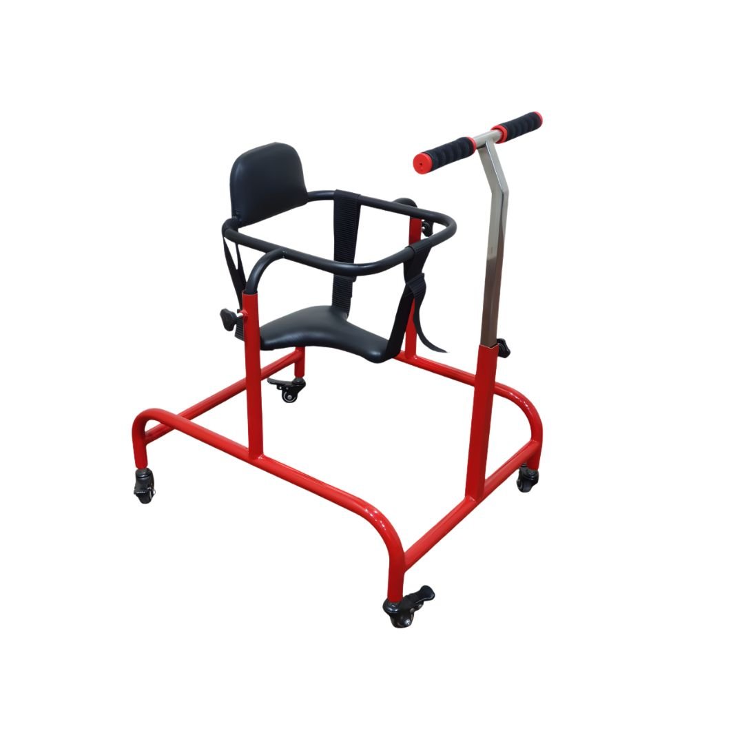 CP Walker Height Adjustable with red frame, square adjustable ring, and lock-type wheels on white background