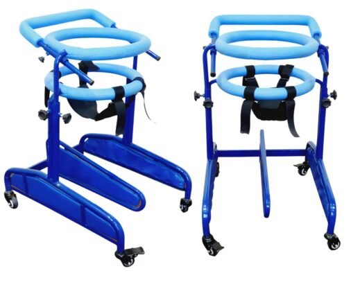 Ring Walker for CP children on white background, double-ring design with smooth wheels and leg separator, no logo or watermark