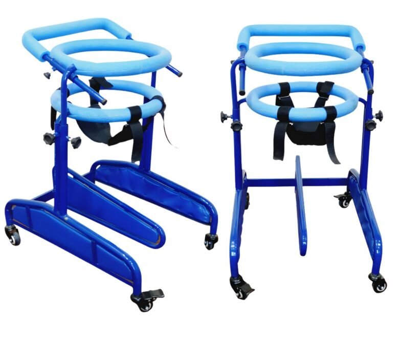 Ring Walker for CP children on white background, double-ring design with smooth wheels and leg separator, no logo or watermark