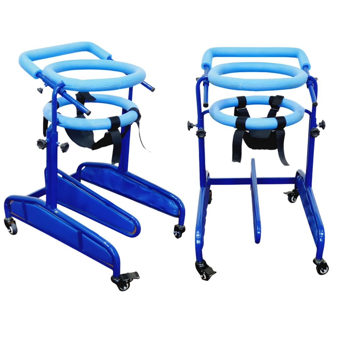 Ring Walker for CP children on white background, double-ring design with smooth wheels and leg separator, no logo or watermark