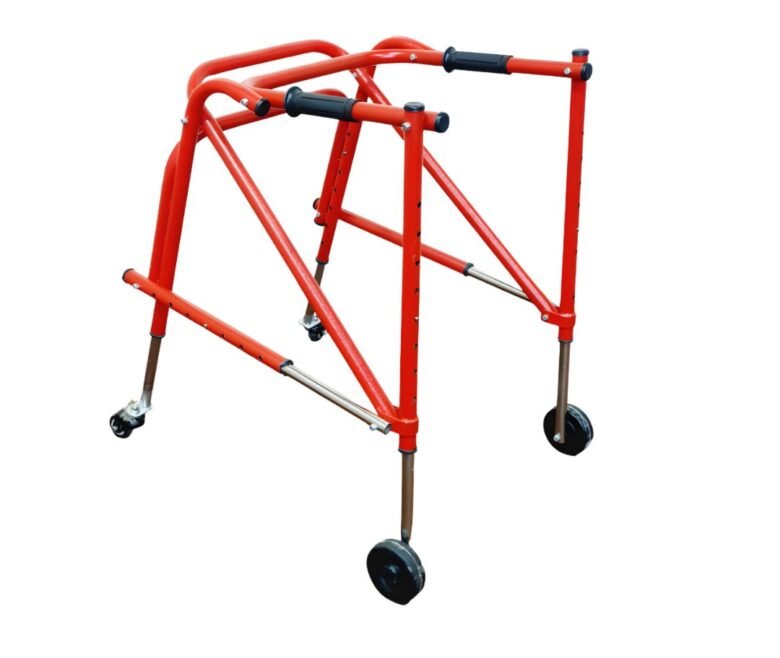 Posterior Reverse Walker for CP children with red adjustable frame and reverse wheels on white background