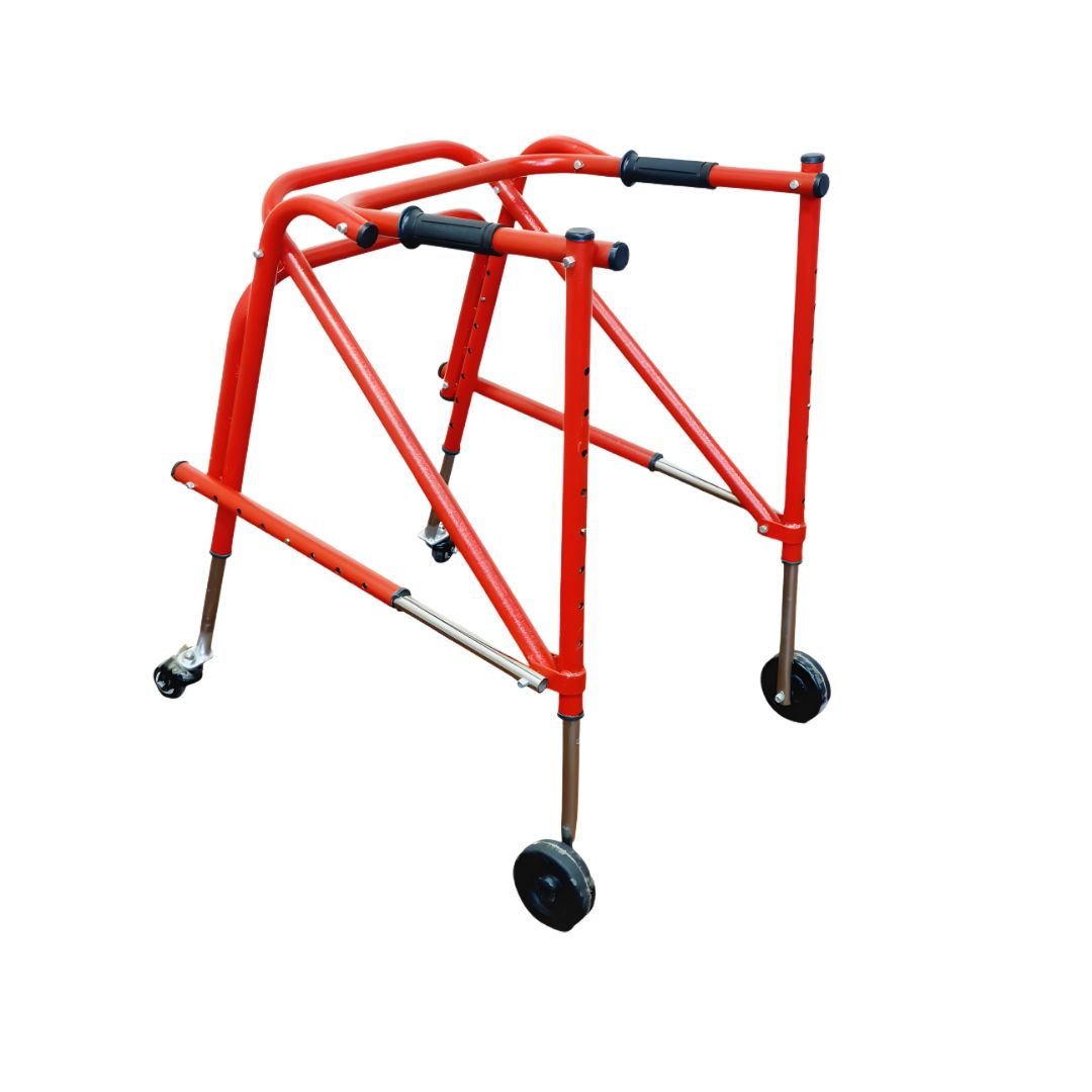 Posterior Reverse Walker for CP children with red adjustable frame and reverse wheels on white background