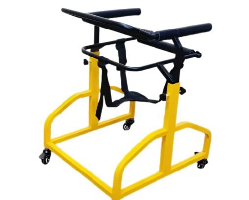 Premium CP Walker with yellow rectangular frame, adjustable saddle gear, padded back support, and smooth locking wheels on white background