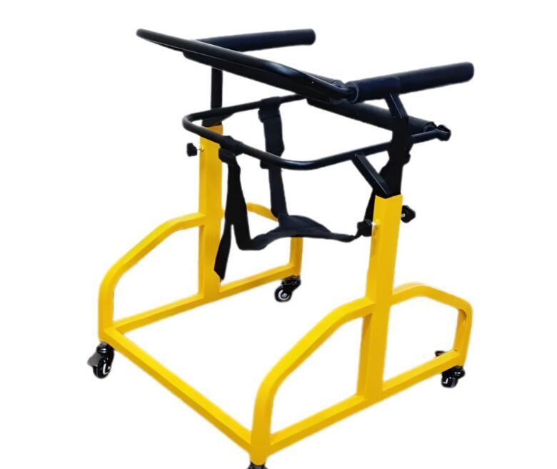 Premium CP Walker with yellow rectangular frame, adjustable saddle gear, padded back support, and smooth locking wheels on white background