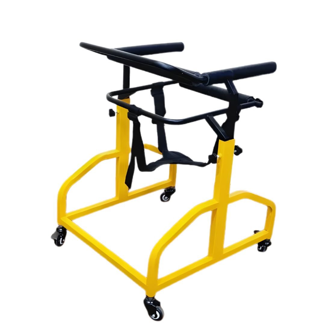 Premium CP Walker with yellow rectangular frame, adjustable saddle gear, padded back support, and smooth locking wheels on white background